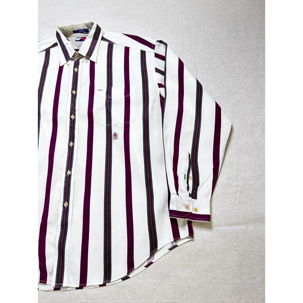Vintage Tommy Hilfiger Button Up Shirt Men's XL White Purple Striped Long Sleeve